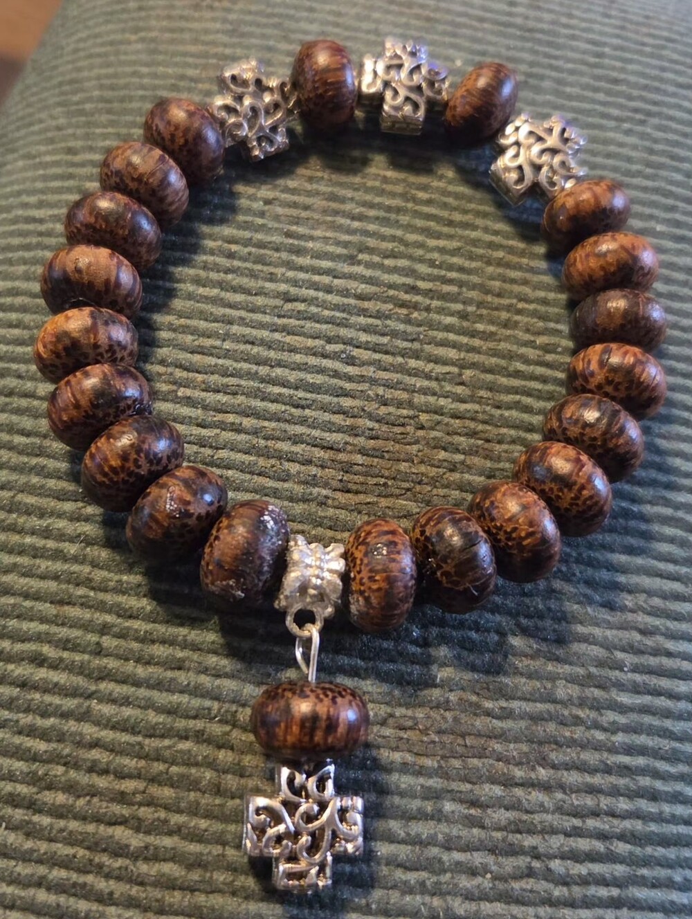 Brown Beaded Bracelet with Silver Cross Accent